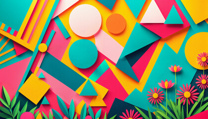 white circular frame centered in a vibrant geometric composition featuring layered circles triangles and rectangles with pink teal and yellow colors accompanied by stylized flowers