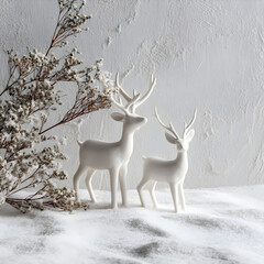 White ceramic reindeer on snowy textured surface, minimal winter mood 