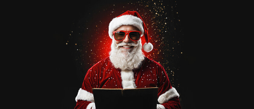 cool santa claus wearing red sunglasses and holding open book with magical golden dust particles floating in dark background
