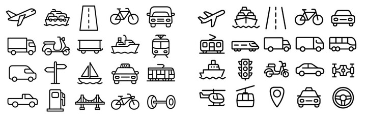 Comprehensive collection of transportation icons covering air, land, and sea travel modes