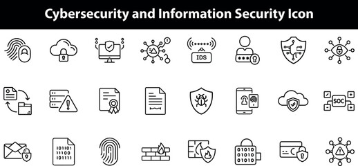 Cybersecurity and information security icon set, featuring symbols for data protection, network security, privacy, digital threats, authentication, and secure communication
