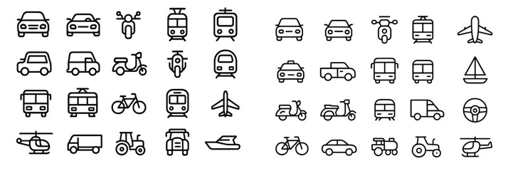 Outline icons representing various modes of transport including land, air, and sea vehicles