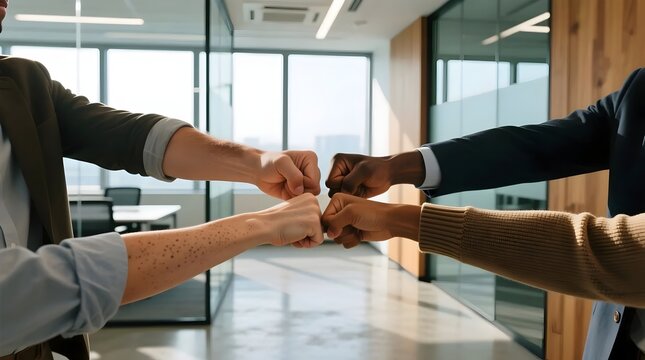 Four diverse business professionals in an office setting engaging in a fist bump, symbolizing teamwork, collaboration, success, and partnership in a modern corporate environment