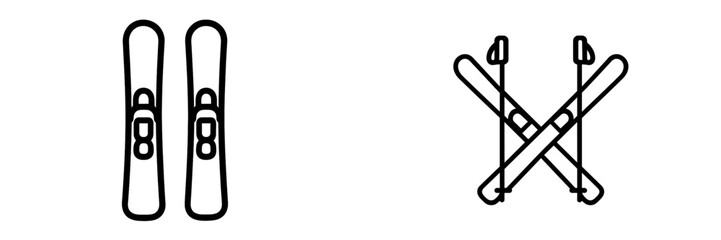 Minimalist black outline graphic featuring a pair of downhill skis and a crossed set of skis and poles