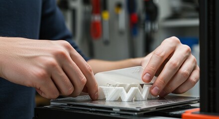 A person carefully removes a finished, complex industrial part from the build plate of a 3D printer. Concept of industrial 3D printing and prototyping.