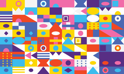 Geometric shapes abstract pattern in vibrant yellow blue pink purple and red colorful