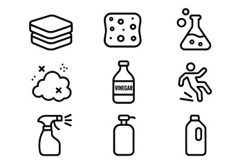 Set of minimalist outline symbols for cleaning tools, chemical bottles, and safety warnings