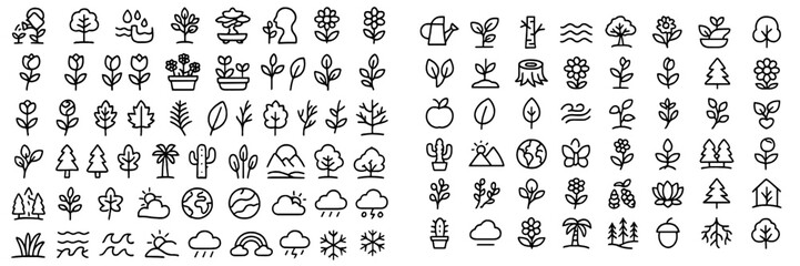 Minimalist line art representing plants trees flowers weather and ecology elements