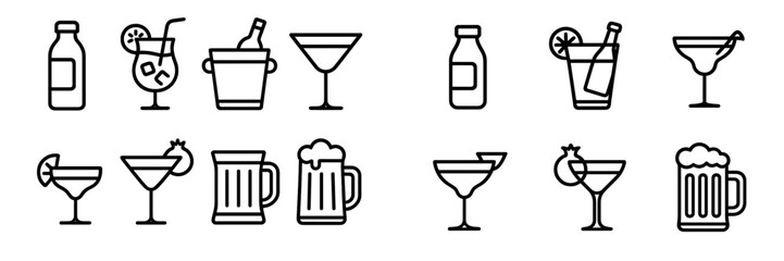 Beverages and bar accessories including cocktails, beer, and wine glasses