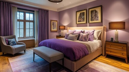 A contemporary and colorful bedroom featuring a plush queen bed, soft lilac hues, and warm wooden flooring, offering a cozy aesthetic.