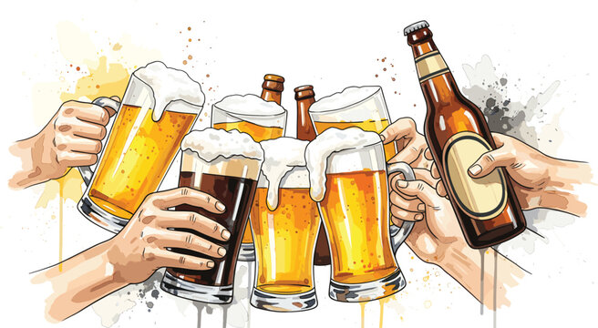 Beer toast icon vector—six hands clinking mugs and bottles with frothy tops and colorful splashes for festive celebration visuals
