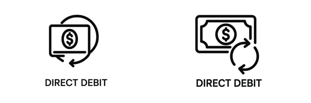 Two direct debit concepts showing money transfer and recurring payment with dollar sign currency