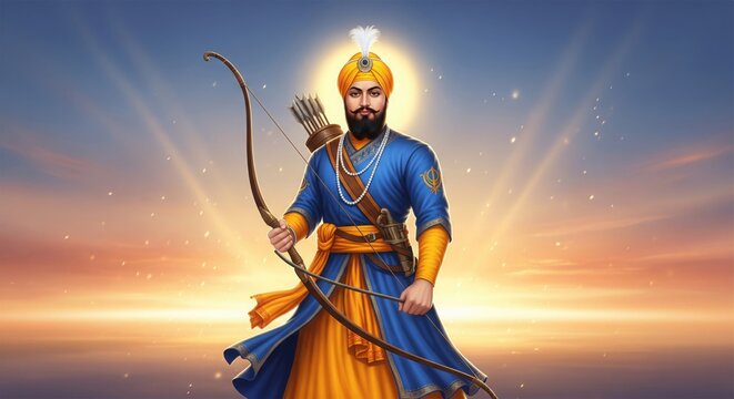 Guru Gobind Singh Ji Warrior Scene. Calm Divine Battlefield Art.