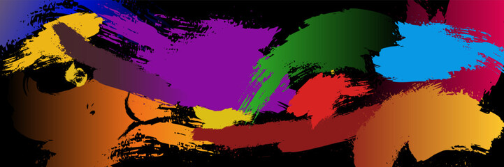 A vibrant abstract vector background featuring bold, multicolored paintbrush strokes layered dynamically over a dark contrasting backdrop