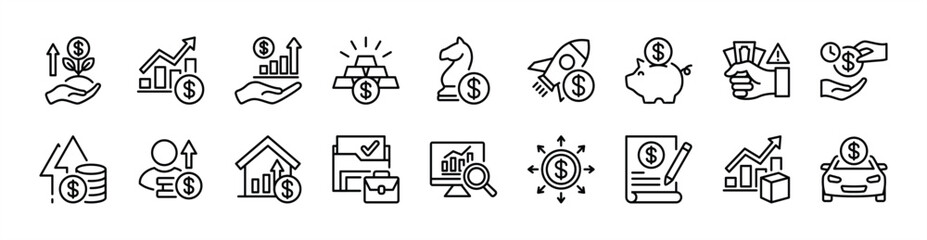 Investment icon set. Contains investor, profit, asset, financial gain, money, growth up chart, strategy, gold, startup, savings, risk management, product, stock, portfolio, analysis - Illustration
