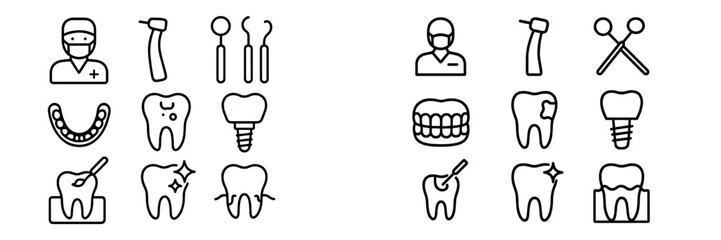 Outline icons for dentistry featuring teeth, dental instruments, implants, and doctor