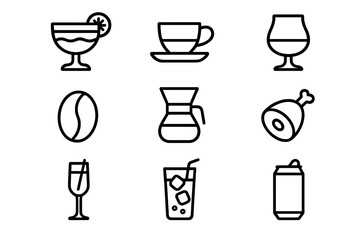 Minimalist outline symbols for various beverages, coffee tools, and kitchen items
