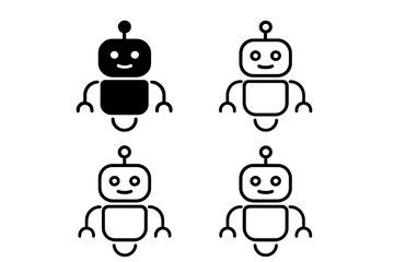 Four simple friendly robot icons in solid and outline for technology concepts