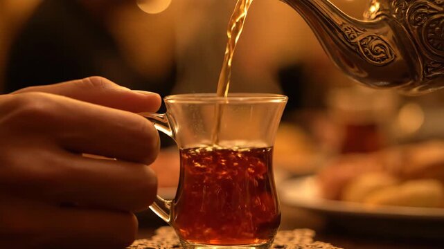 A close-up shows a silver teapot pouring hot, amber-colored tea into a glass cup. The cup, held by a hand, sits on a small doily