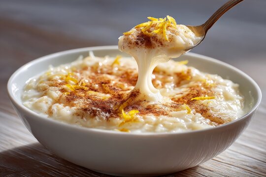 Bowl of Aletria, creamy milk pudding, topped with cinnamon and lemon zest, spoon lifting out pudding. Concept of pasta milk pudding Portuguese dessert captured in warm lighting.