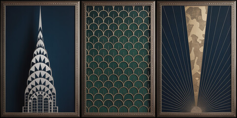 Luxurious Art Deco triptych wall panels, ornate bronze frames, golden geometric patterns, sunburst and zigzag motifs, deep teal background, symmetrical, vintage elegance, high-contrast.