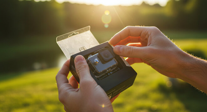 Hands unbox a new action camera from its box, highlighting a modern consumer electronics product.Concept of new electronics setup and unboxing.