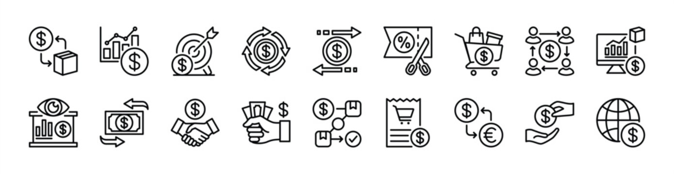 Trade thin line icon set. Contains money currency, global stock exchange, growth chart, target, rotation, transfer, price discount, shopping, receipt, loan, management. Vector illustration