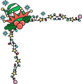 Elf Hat and String Lights Corner Border Illustration