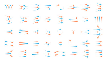 Air flow red and blue transparent arrows collection. Arrow icon set for showing hot and cold wind direction