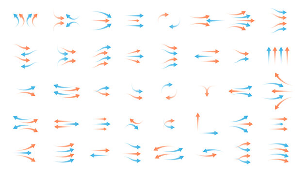 Air flow red and blue transparent arrows collection. Arrow icon set for showing hot and cold wind direction