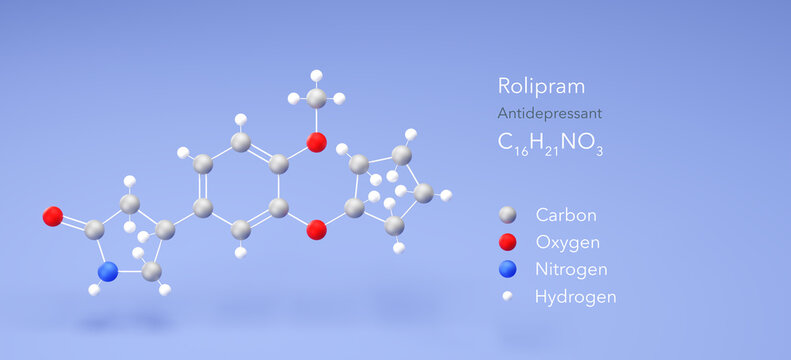 rolipram molecule, molecular structure, antidepressant 3d model, Structural Chemical Formula and Atoms with Color Coding
