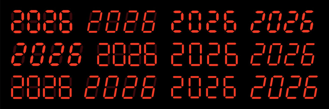 Happy new year 2026 design with red digital numbers in a seven-segment display style.
