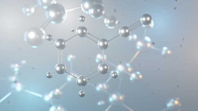 benzonitrile molecular structure, 3d model molecule, aromatic organic compound structural chemical formula view from a microscope