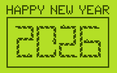 2026 Happy new year retro poster. Pixel snake game on green screen