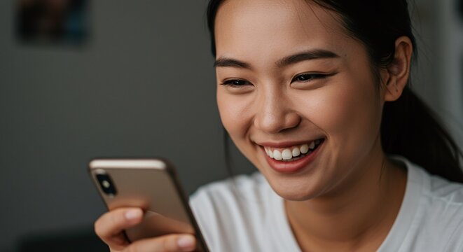 A person's hands holding a smartphone, laughing while interacting with content on the screen.Concept of digital communication and modern technology.