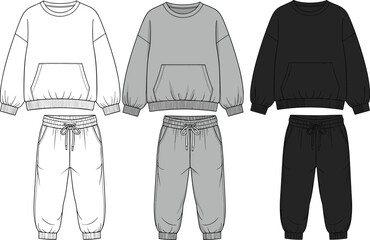 Technical Flats Oversized Fleece Sweatshirt and Jogger Pants Set Vector, Unisex Casual Outfit Design, Kids Clothing Template, Sportswear CAD Drawing. © Kamrul
