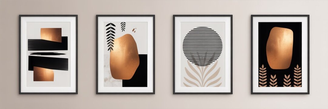 Minimalist abstract geometric wall art set with black white beige copper tones, modern gallery prints with clean borders, contemporary shapes, balanced composition, trending home decor design.