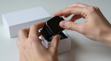 A person is unboxing a new smartwatch, a wearable device for fitness tracking and notifications. Concept of a new piece of wearable technology.
