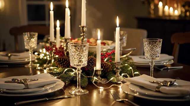 A beautifully set dinner table with glowing candles, crystal glasses, and festive decorations, creating a warm, inviting atmosphere