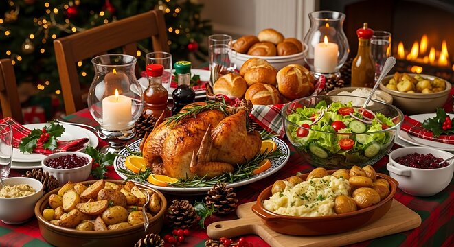 Festive roasted turkey dinner with holiday trimmings awaits guests.