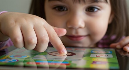 A young child interacts with an educational app on a tablet screen by touching an icon. Concept of e-learning and educational technology for children.