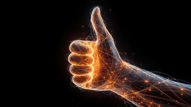 Futuristic digital wireframe hand giving thumbs up on black background