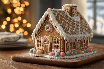Gingerbread House decorated with colorful candies and icing on wooden surface. Concept of festive atmosphere, spiced cookie structure decorated festive with intricate details.