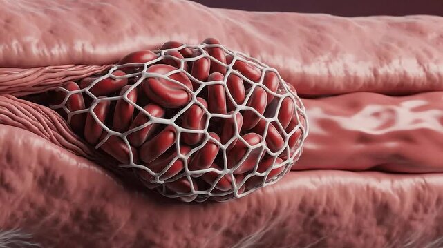 Microscopic view of blood clot forming with bacteria attacking red blood cells within a vascular network detailed 3D render educational medical animation