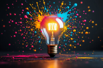 Creative Light Bulb Idea: Colorful Explosion of Innovation, Bright Inspiration, Abstract Art, Conceptual Design, Stock Photo