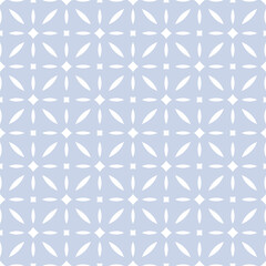 Naklejka premium Elegant minimal seamless background. Vector geometric floral pattern with diamonds, flowers, leaves, grid, lattice. Simple light blue abstract ornament in oriental style. Subtle repeating geo design