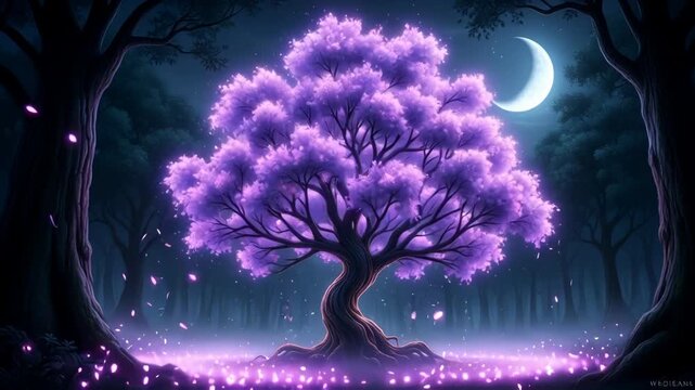 Experience the magic of a glowing tree with shimmering lights under a mystical moonlit sky in a serene forest, creating a dreamy and enchanting atmosphere for fantasy adventures