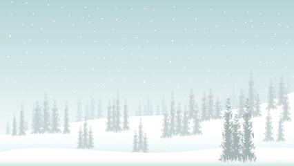 Winter in the pine forest with snow and fog