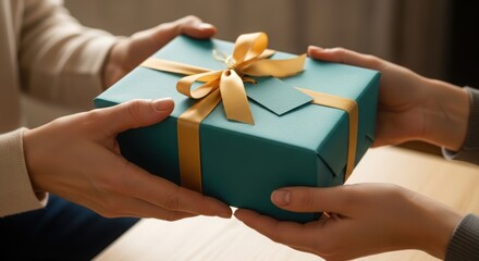 A person is handing over a beautifully wrapped teal gift box with a gold ribbon and tag creating a moment of giving and celebration