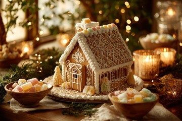 Gingerbread House decorated with white icing and colorful candies on wooden table beside bowls of candies. Concept of cozy, warm atmosphere featuring spiced cookie structure decorated festive.